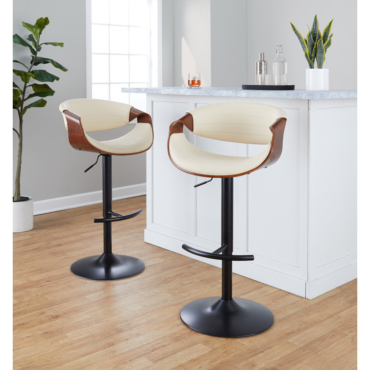Symphony Adjustable Swivel Barstool Set with Walnut Wood and Cream Upholstery