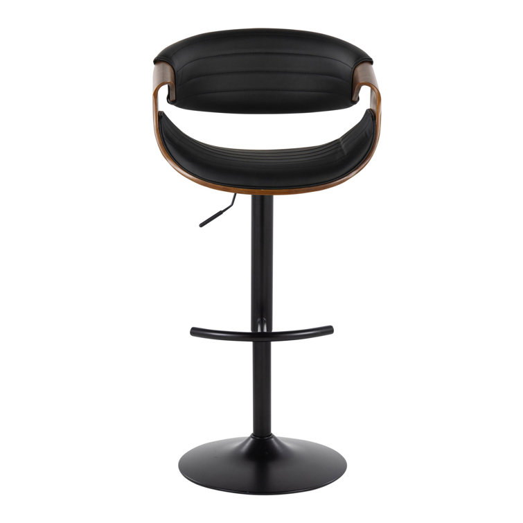 Symphony Adjustable Black Leather and Walnut Wood Swivel Barstool