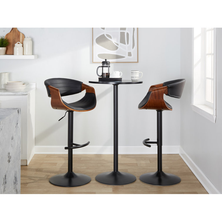 Symphony Adjustable Black Leather and Walnut Wood Swivel Barstool