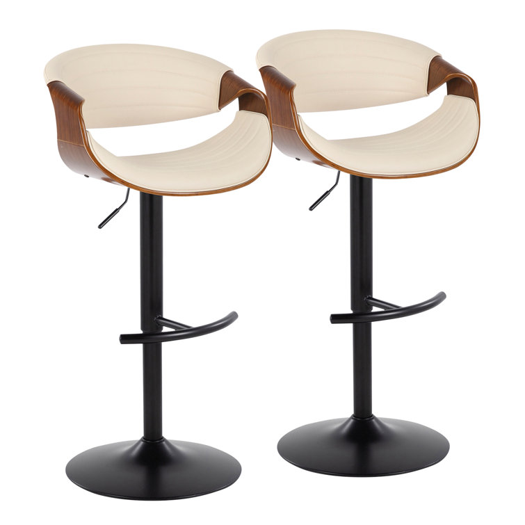 Symphony Adjustable Swivel Barstool Set with Walnut Wood and Cream Upholstery