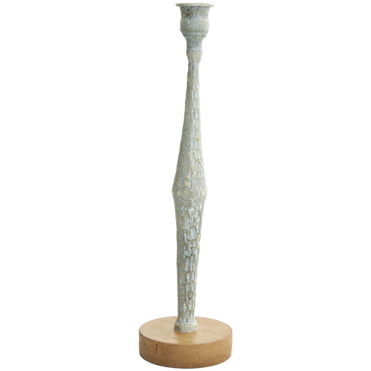 Light Blue Distressed Wood Tabletop Candlestick Set