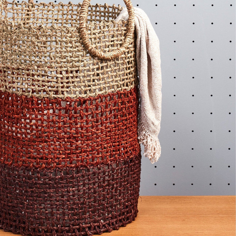 Handmade Brown and Red Seagrass Laundry Basket with Handles