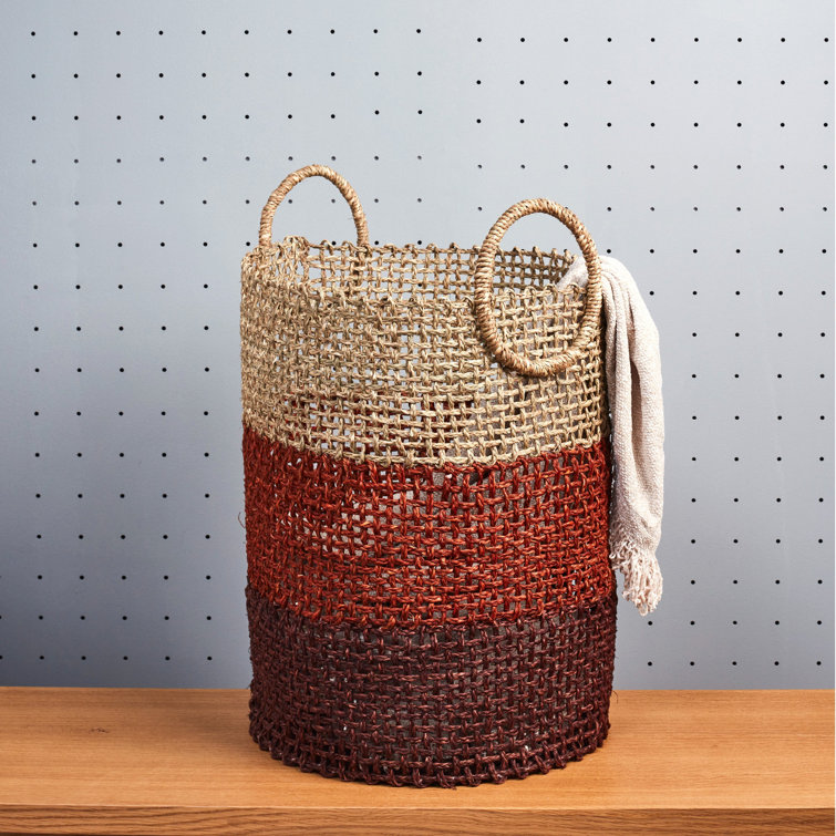 Handmade Brown and Red Seagrass Laundry Basket with Handles