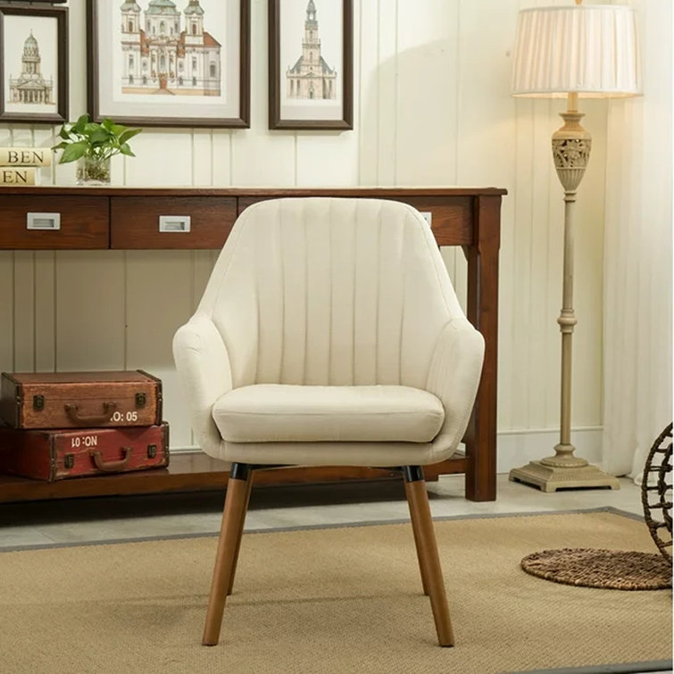 Elegant Tan Barrel-Backed Accent Chair with Solid Wood Legs