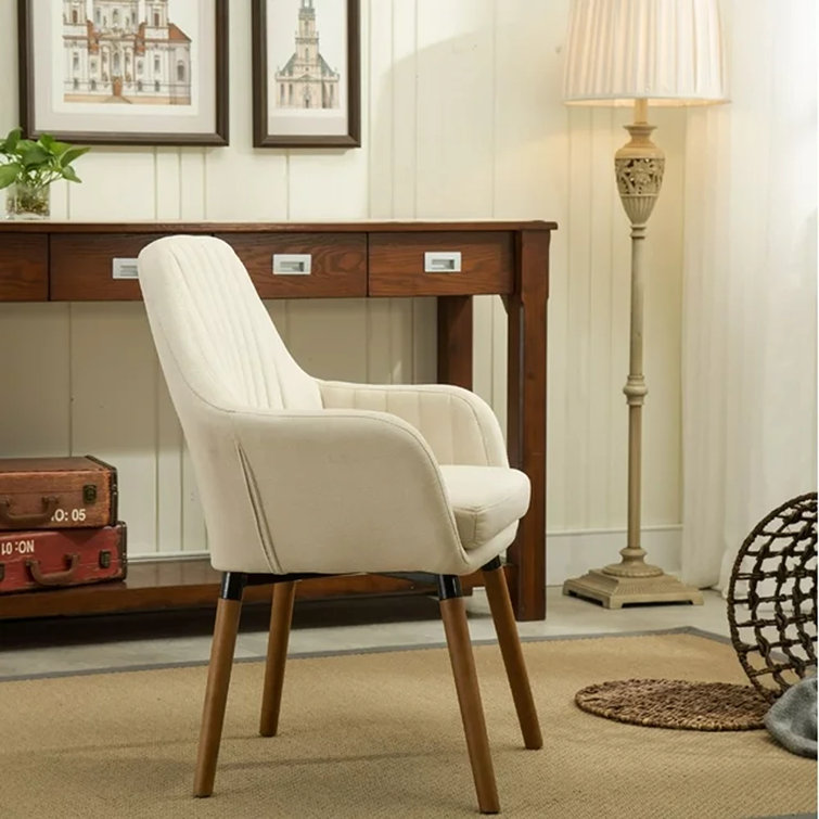 Elegant Tan Barrel-Backed Accent Chair with Solid Wood Legs