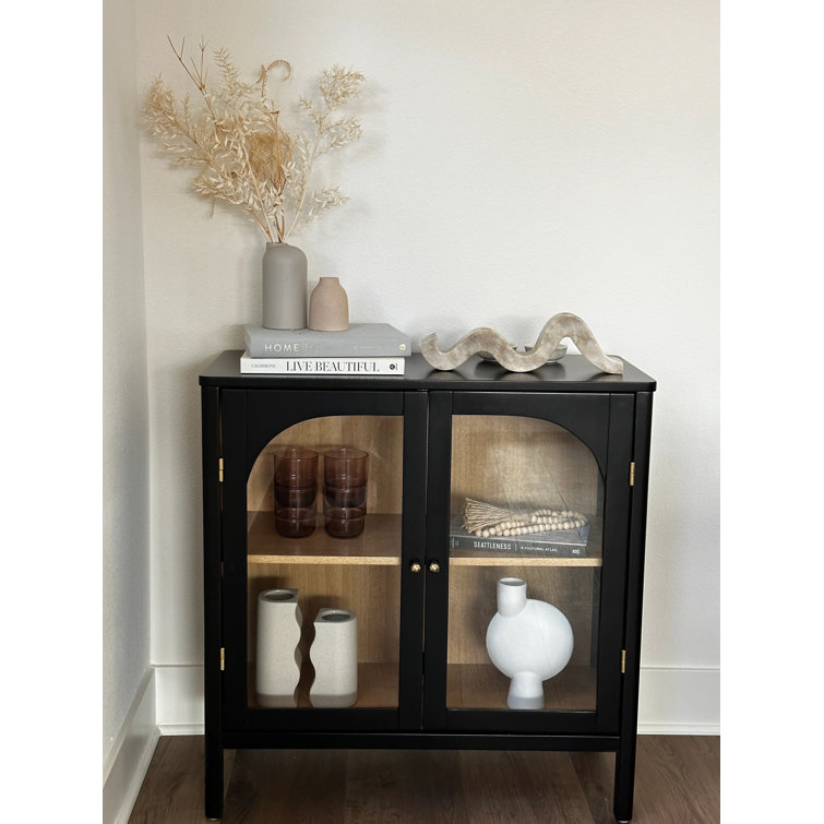 Mason Black and Oak Sideboard Buffet with Glass Doors