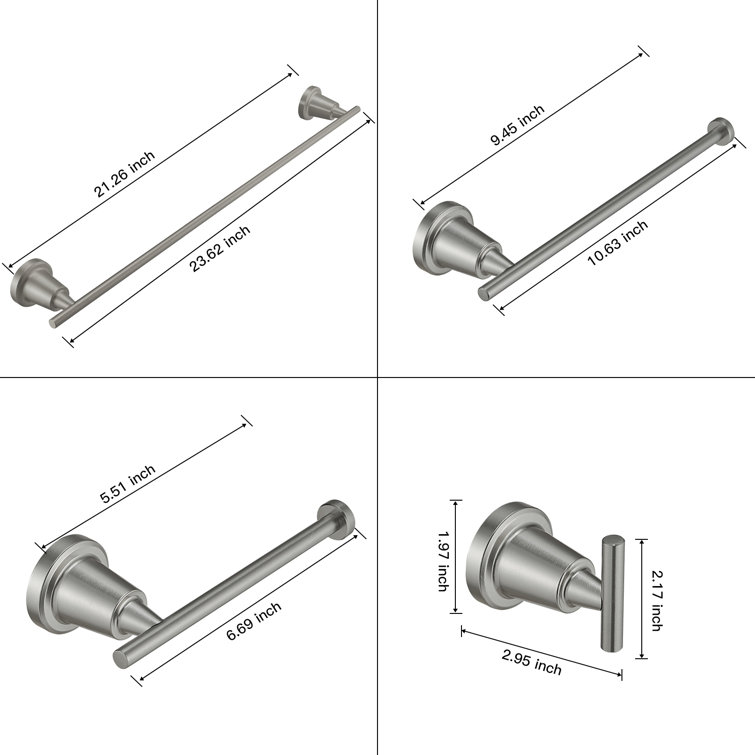 Brushed Nickel 4-Piece Bathroom Hardware Set with Towel Bar