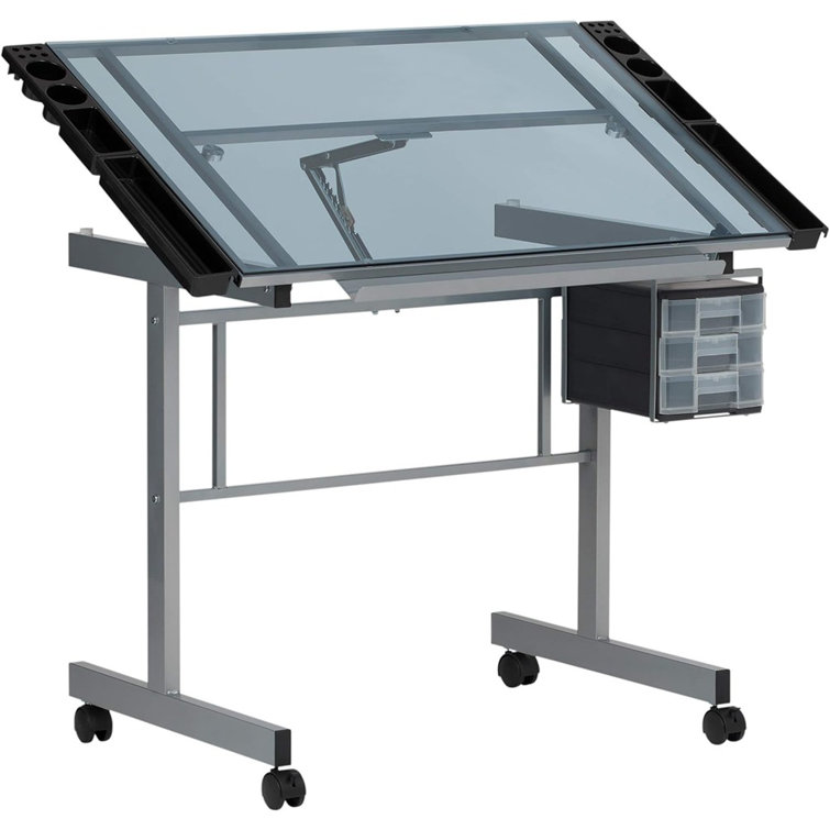 Silver-Blue Tempered Glass Craft & Drawing Desk with Adjustable Angle