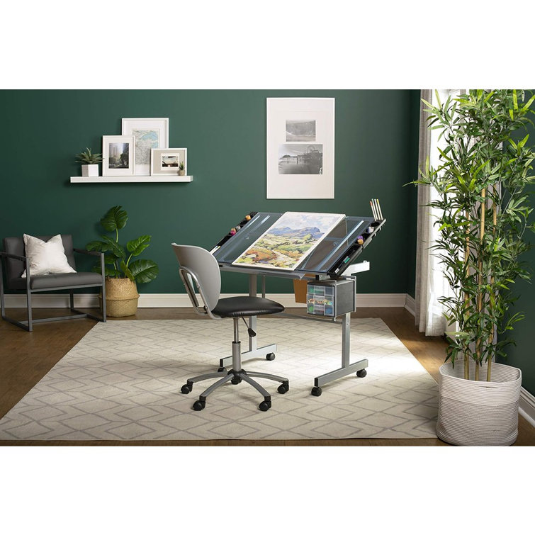 Silver-Blue Tempered Glass Craft & Drawing Desk with Adjustable Angle