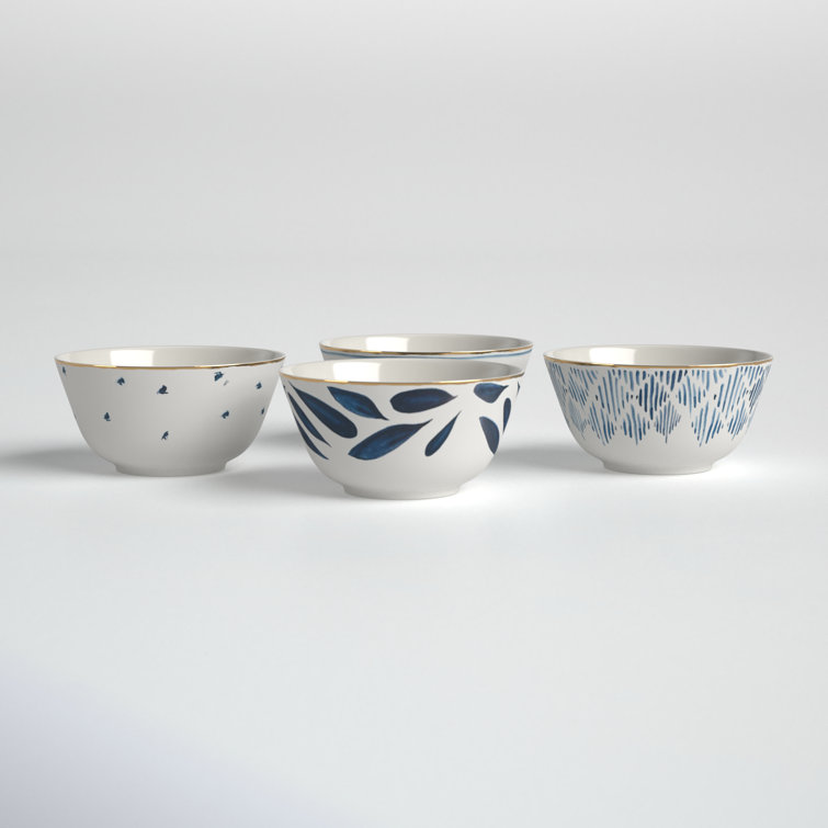 Blue and White Ceramic Dessert Bowls with Gold Rim, Set of 4