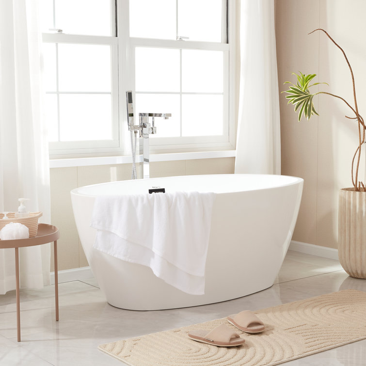 White Glossy Acrylic Freestanding Soaking Bathtub, 55.1" Length