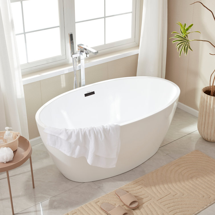 White Glossy Acrylic Freestanding Soaking Bathtub, 55.1" Length