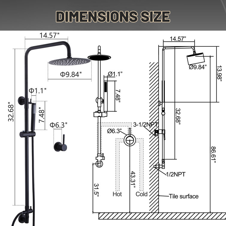 Matte Black Wall-Mounted Shower System with Handheld and Rain Options