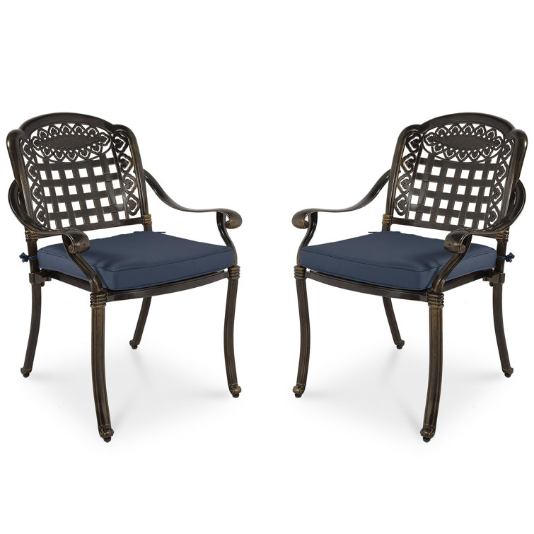 Navy Blue Cast Aluminum Outdoor Dining Chairs with Cushions, Set of 2