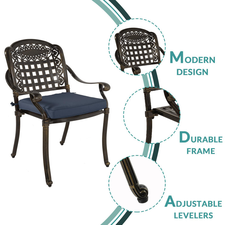 Navy Blue Cast Aluminum Outdoor Dining Chairs with Cushions, Set of 2