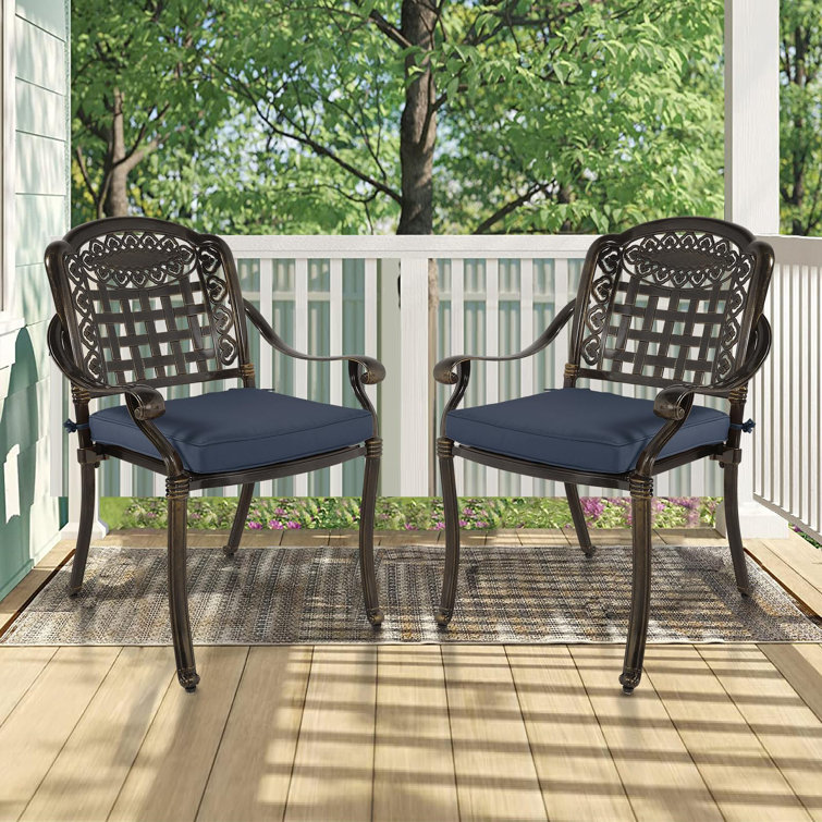 Navy Blue Cast Aluminum Outdoor Dining Chairs with Cushions, Set of 2