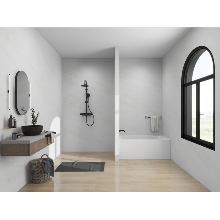 White Acrylic Alcove Soaking Bathtub with Matte Black Drain