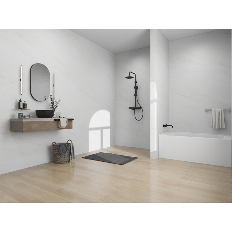 White Acrylic Alcove Soaking Bathtub with Matte Black Drain
