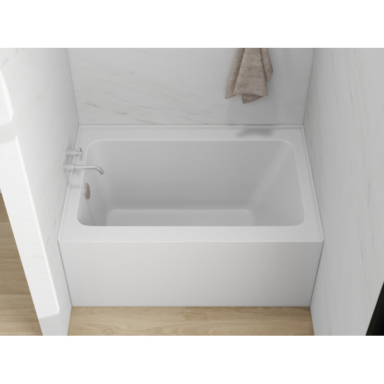 White Acrylic Alcove Soaking Bathtub with Brushed Nickel Drain