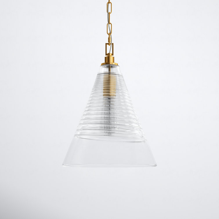 Burnished Brass Ribbed Glass Single Cone Pendant Light
