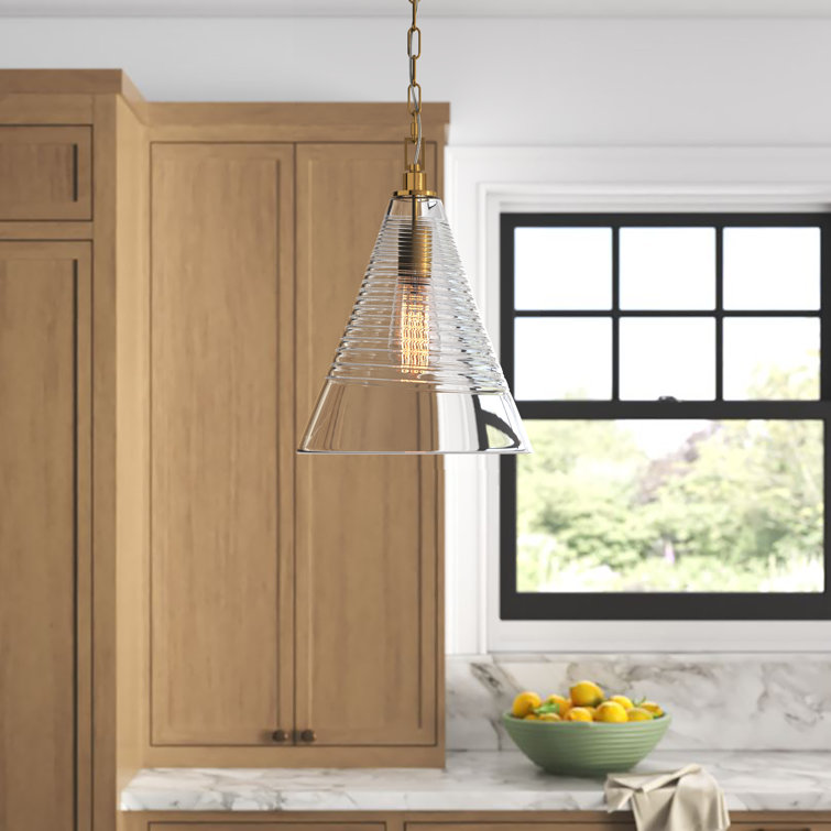 Burnished Brass Ribbed Glass Single Cone Pendant Light