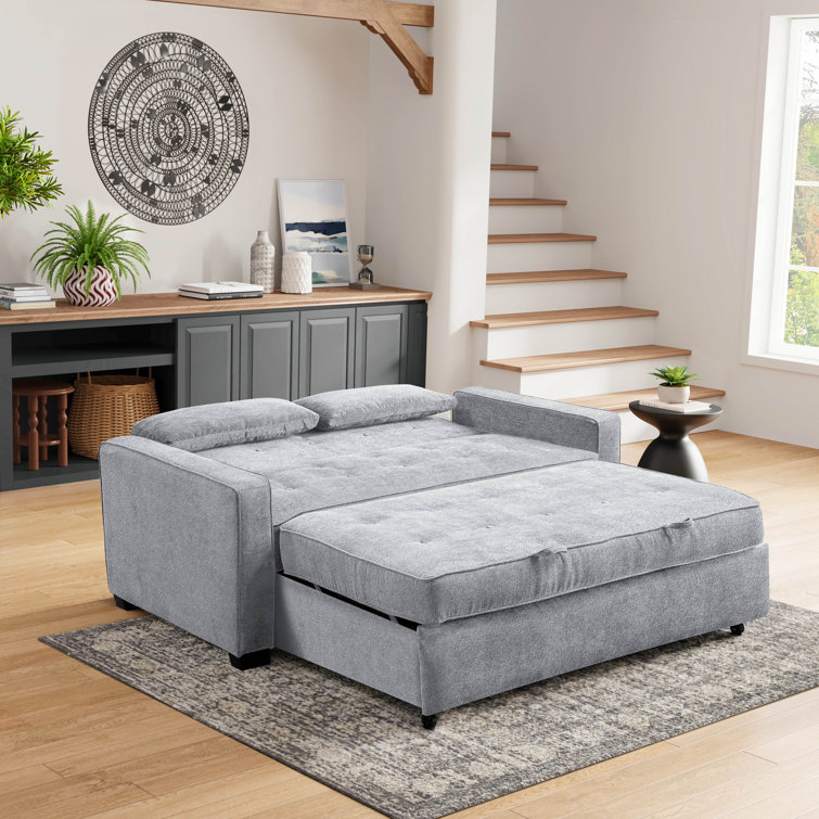 Light Gray Tufted Queen Convertible Sleeper Sofa with Wood Frame