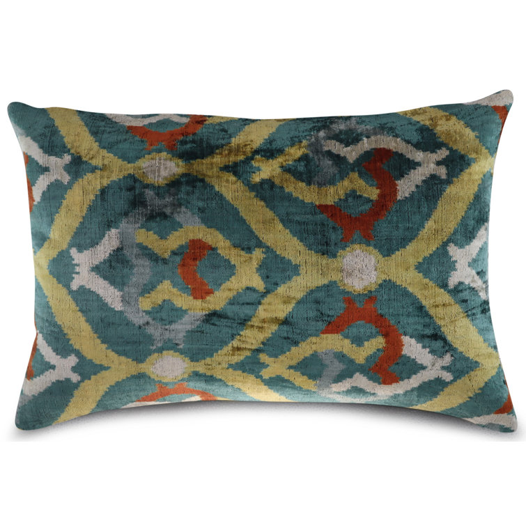 Green and Yellow Ikat Velvet Lumbar Pillow with Down Fill
