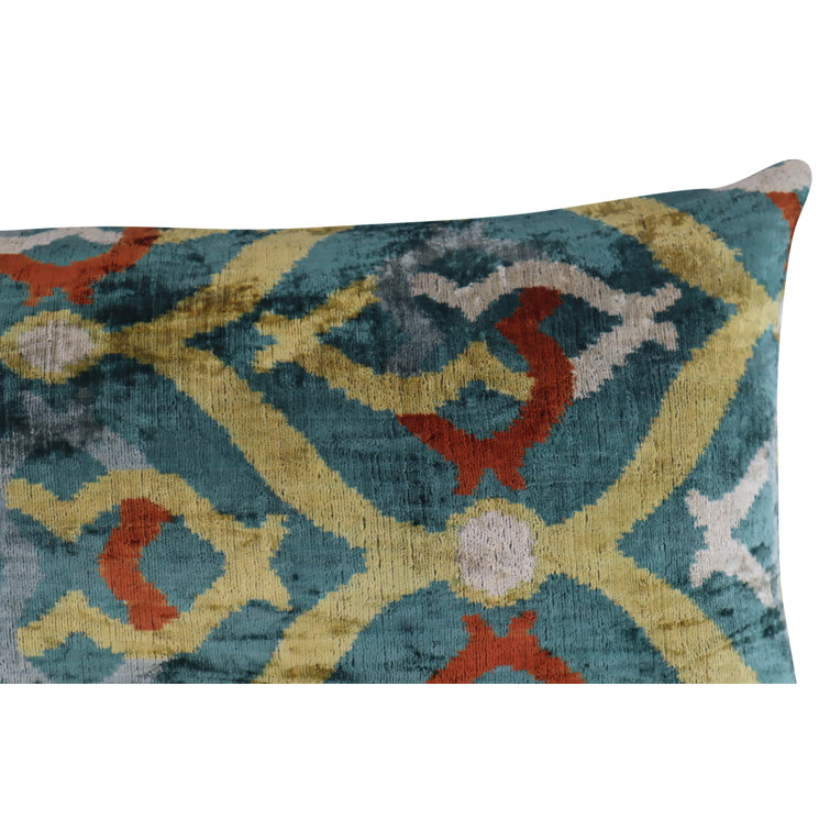 Green and Yellow Ikat Velvet Lumbar Pillow with Down Fill