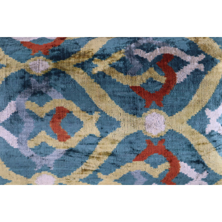 Green and Yellow Ikat Velvet Lumbar Pillow with Down Fill