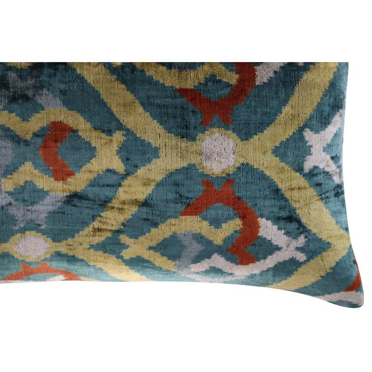 Green and Yellow Ikat Velvet Lumbar Pillow with Down Fill