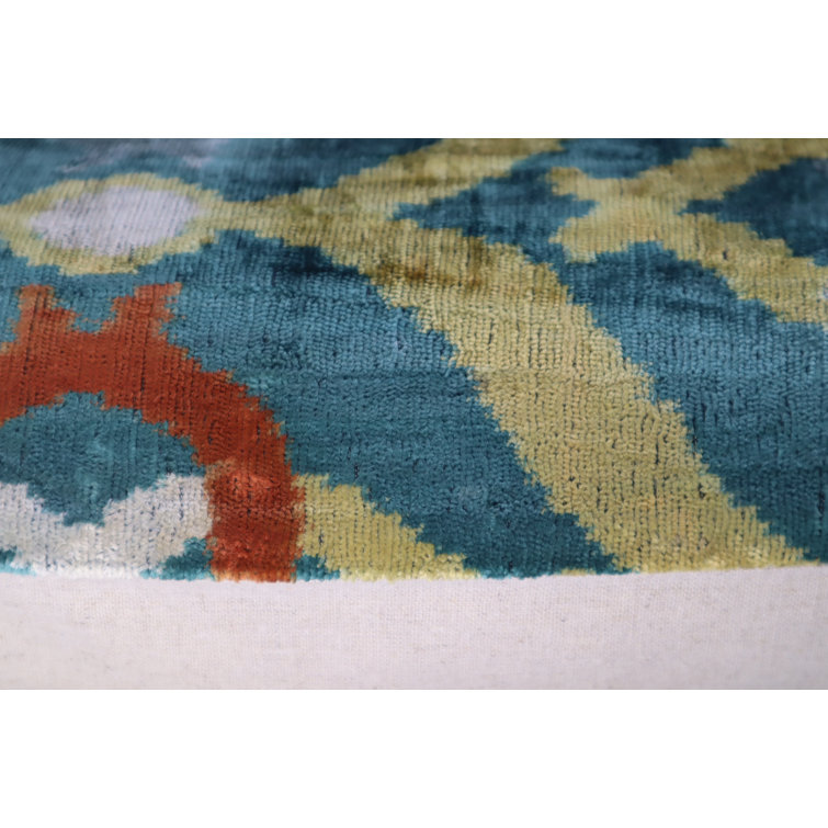 Green and Yellow Ikat Velvet Lumbar Pillow with Down Fill