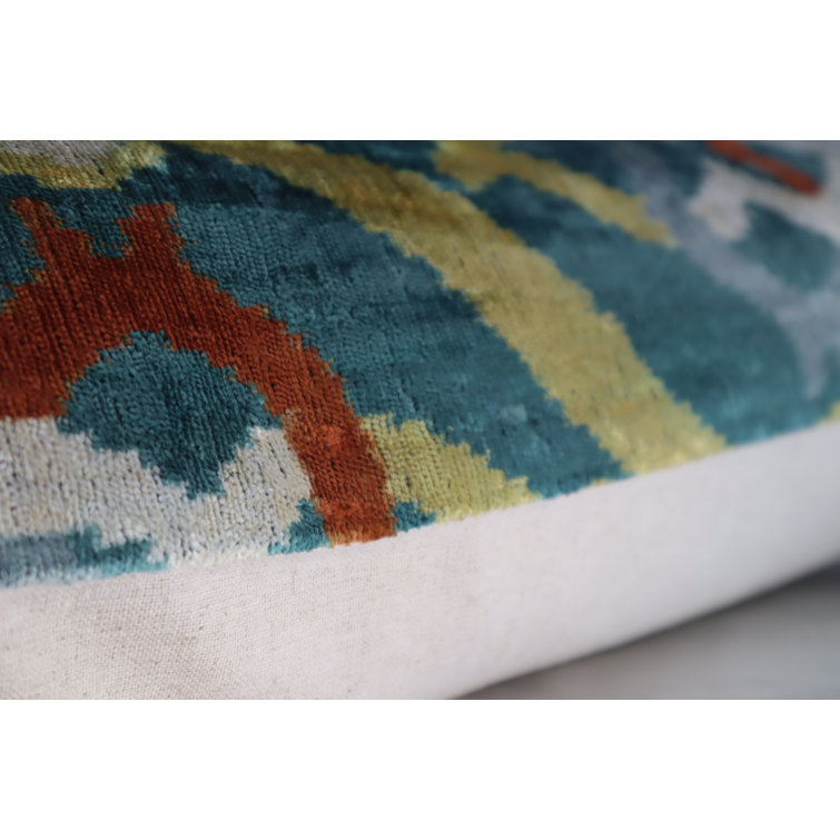 Green and Yellow Ikat Velvet Lumbar Pillow with Down Fill