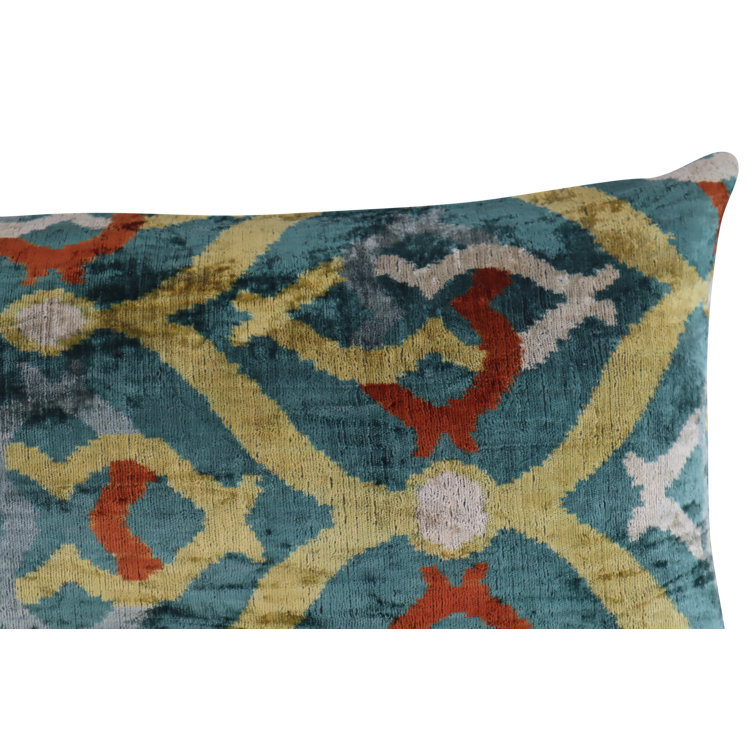 Green and Yellow Ikat Velvet Lumbar Pillow with Down Fill