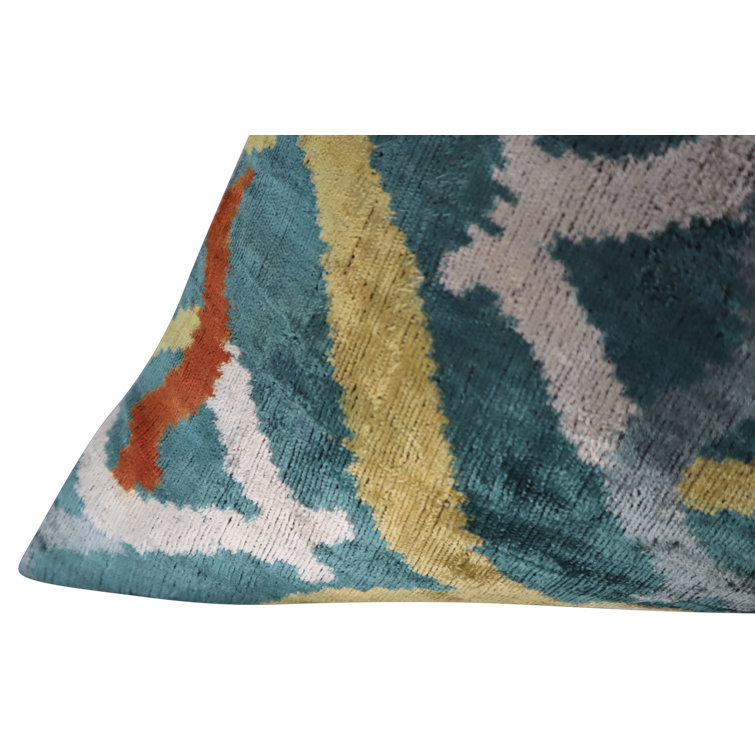 Green and Yellow Ikat Velvet Lumbar Pillow with Down Fill