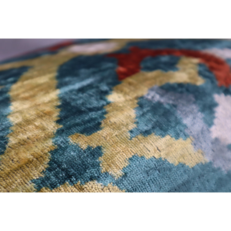 Green and Yellow Ikat Velvet Lumbar Pillow with Down Fill