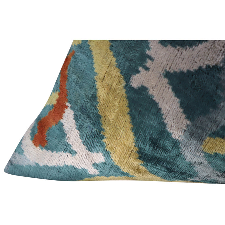 Green and Yellow Ikat Velvet Lumbar Pillow with Down Fill