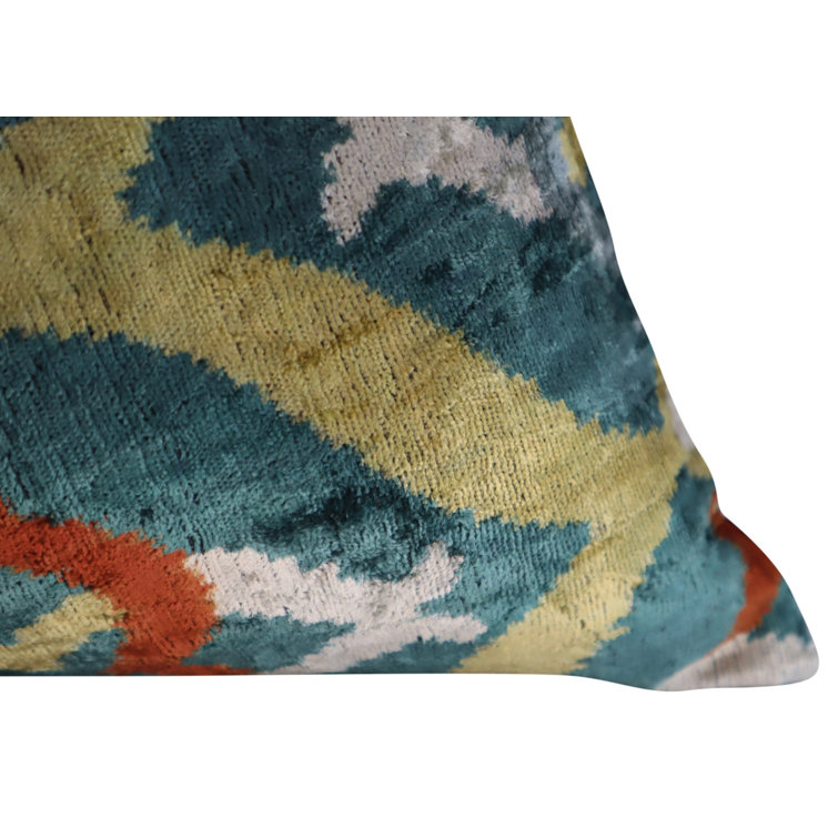 Green and Yellow Ikat Velvet Lumbar Pillow with Down Fill