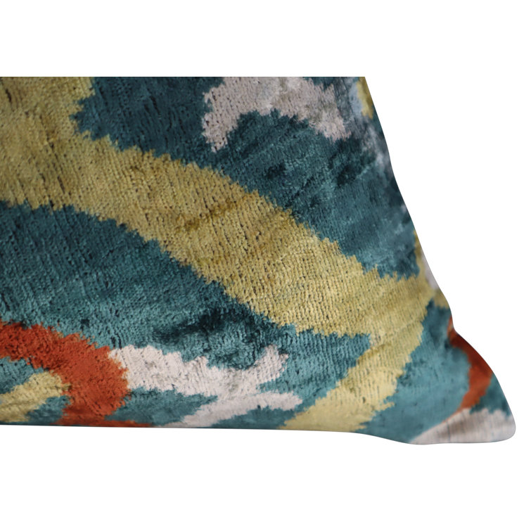 Green and Yellow Ikat Velvet Lumbar Pillow with Down Fill