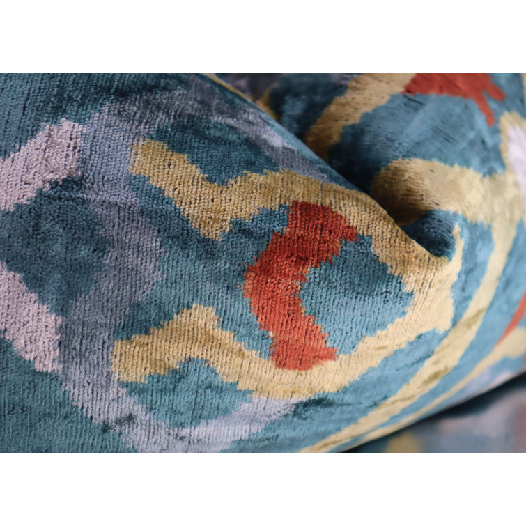 Green and Yellow Ikat Velvet Lumbar Pillow with Down Fill