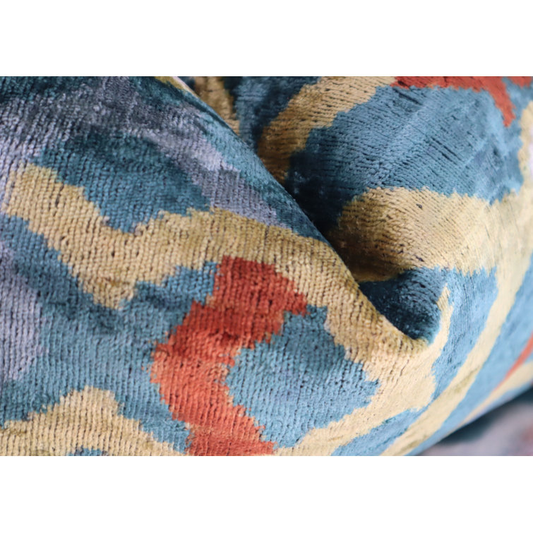 Green and Yellow Ikat Velvet Lumbar Pillow with Down Fill