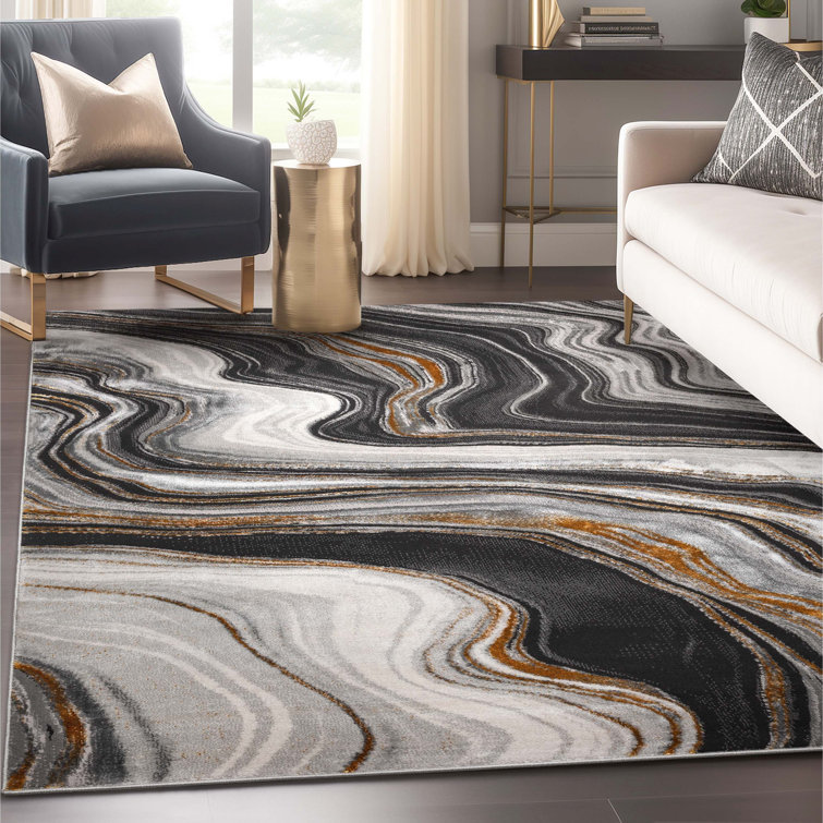 Gray and Black Abstract Waves Synthetic Area Rug
