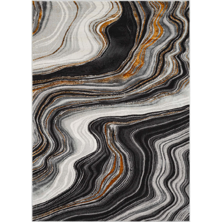 Gray and Black Abstract Waves Synthetic Area Rug