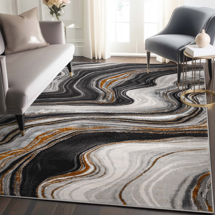 Gray and Black Abstract Waves Synthetic Area Rug