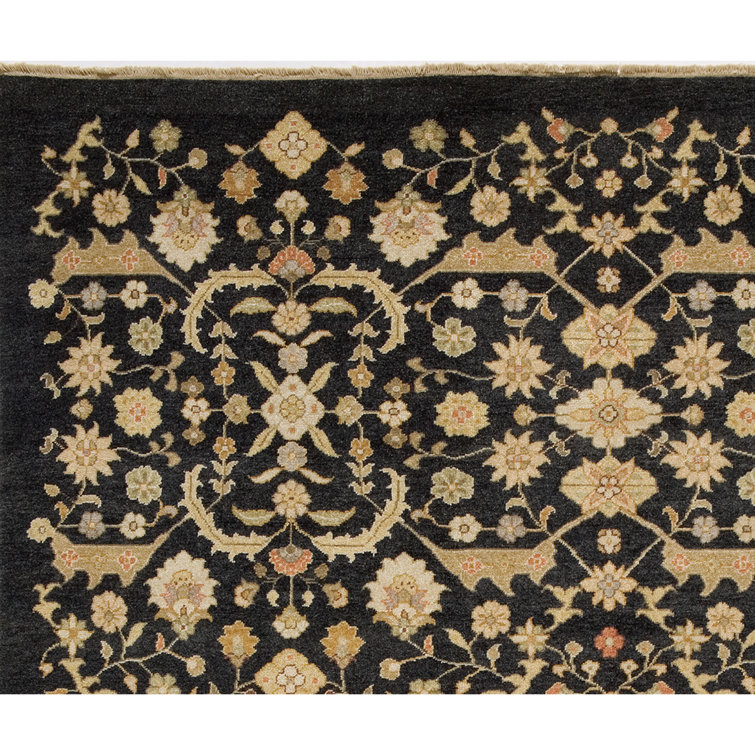 Hand-Knotted Black Wool Oriental Rectangular Rug 9' x 12'