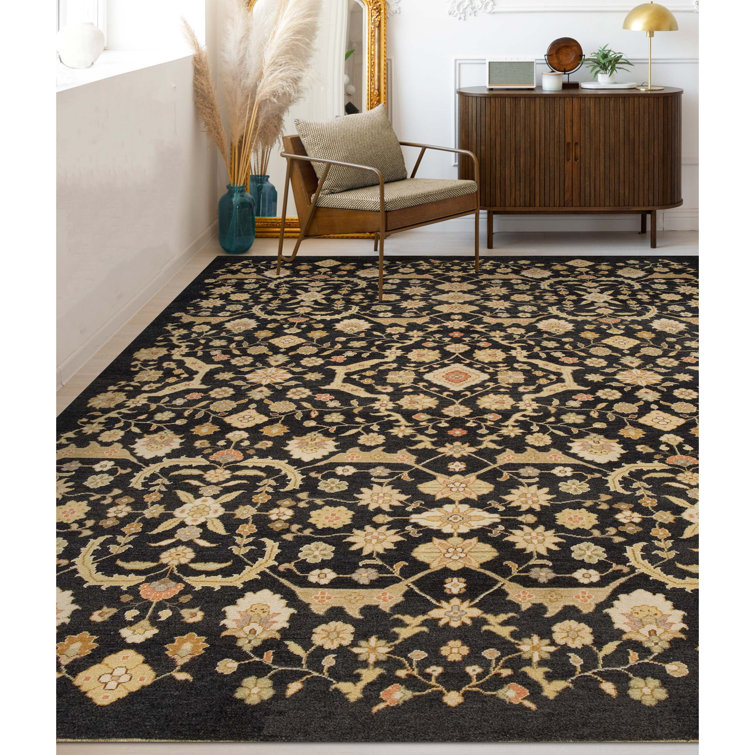 Hand-Knotted Black Wool Oriental Rectangular Rug 9' x 12'