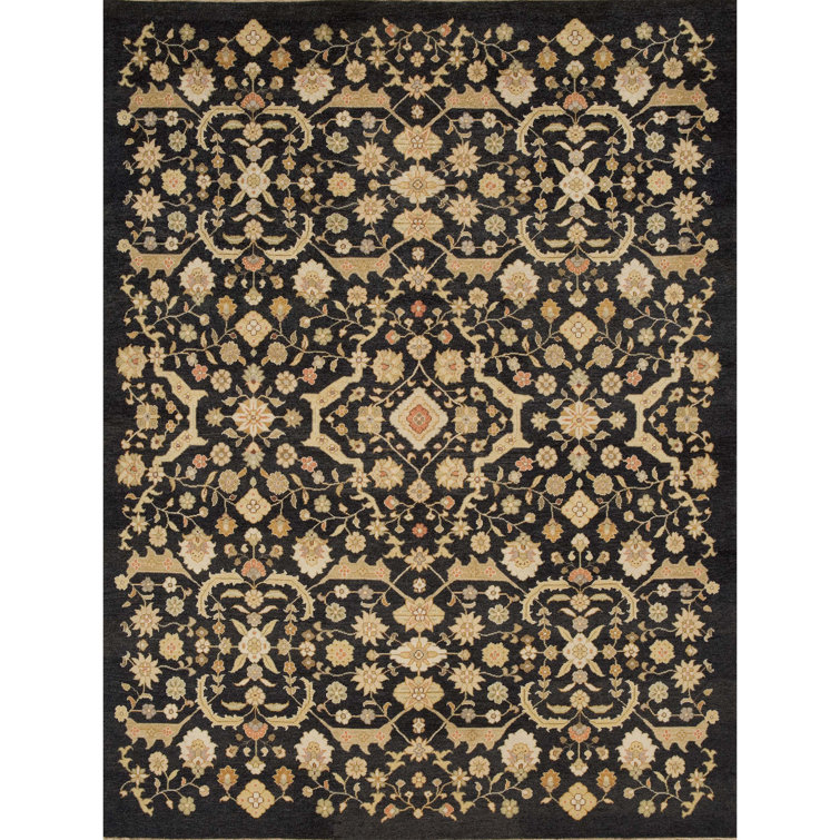 Hand-Knotted Black Wool Oriental Rectangular Rug 9' x 12'
