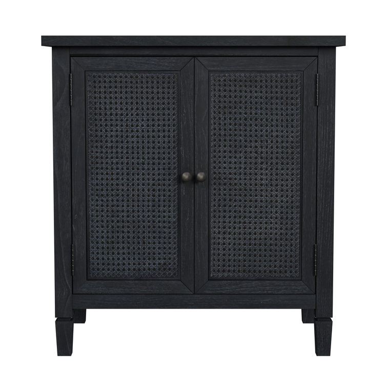 Washed Black Mindi Wood Cane Cabinet with Bronze Hardware