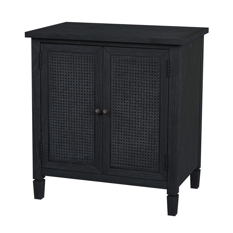 Washed Black Mindi Wood Cane Cabinet with Bronze Hardware