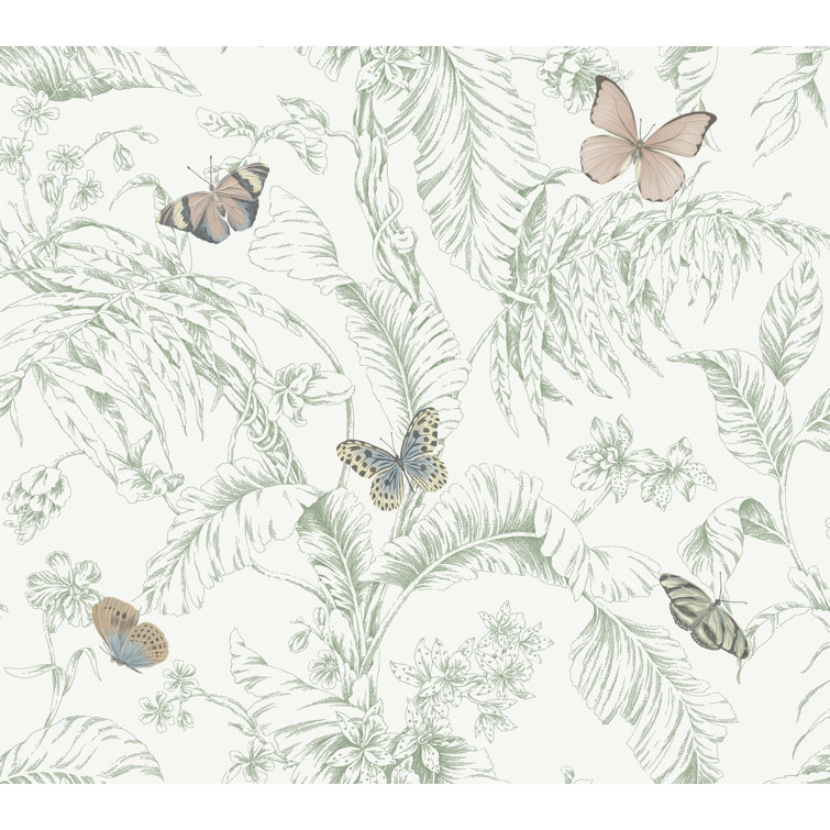 Blush and Green Tropical Butterfly Wallpaper