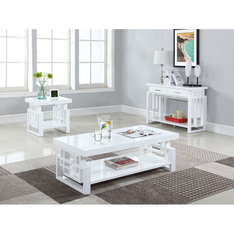Transitional High Glossy White Wood & Metal End Table